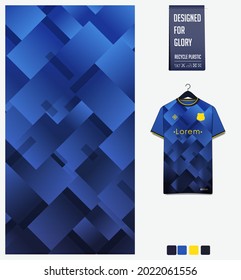 Diseño de patrones de jersey de fútbol. Patrón geométrico sobre fondo azul para el equipo de fútbol, equipo de fútbol, bicicleta, e-sport, baloncesto, plantilla de maqueta de camisetas. Patrón de tejido. Antecedentes abstractos. Vector.