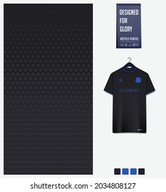 Soccer jersey pattern design. Geometric pattern on black background for soccer kit, football kit, bicycle, e-sport, basketball, t-shirt mockup template. Fabric pattern. Abstract background. Vector.