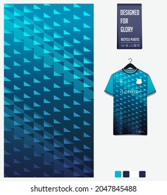 Soccer jersey pattern design. Geometric pattern on blue background for soccer kit, football kit, e-sport, basketball, t-shirt mockup template. Fabric pattern. Abstract background. Vector Illustration