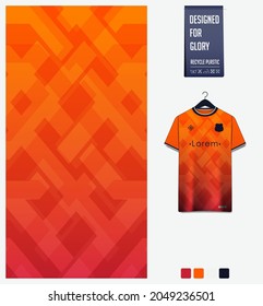 Soccer jersey pattern design. Geometric pattern on orange background for soccer kit, football kit, bicycle, basketball, t-shirt mockup template. Fabric pattern. Abstract background.Vector Illustration