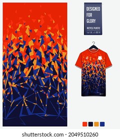 Soccer jersey pattern design. Geometric pattern on orange background for soccer kit, football kit, bicycle, e-sport, basketball, t-shirt mockup template. Fabric pattern. Abstract background. Vector.