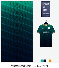 Soccer jersey pattern design. Geometric pattern on green background for soccer kit, football kit, bicycle, e-sport, basketball, t-shirt mockup template. Fabric pattern. Abstract background. Vector.