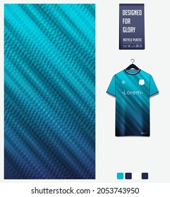 Soccer jersey pattern design. Geometric pattern on blue background for soccer kit, football kit, bicycle, e-sport, basketball, t-shirt mockup template. Fabric pattern. Abstract background. Vector.