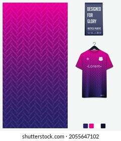 Soccer jersey pattern design. Geometric pattern on violet background for soccer kit, football kit, bicycle, e-sport, basketball, t-shirt mockup template. Fabric pattern. Abstract background. Vector.
