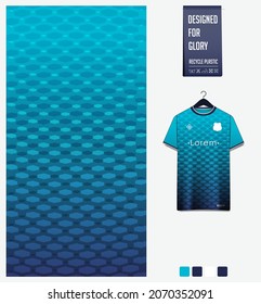 Soccer jersey pattern design. Geometric pattern on blue background for soccer kit, football kit, bicycle, e-sport, basketball, t-shirt mockup template. Fabric pattern. Abstract background. Vector.