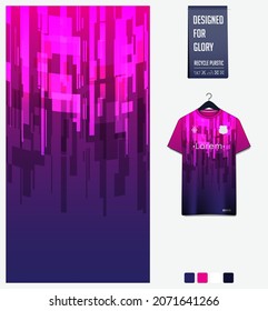 Soccer jersey pattern design. Geometric pattern on violet background for soccer kit, football kit, bicycle, basketball, t-shirt mockup template.Fabric pattern. Abstract background. Vector Illustration