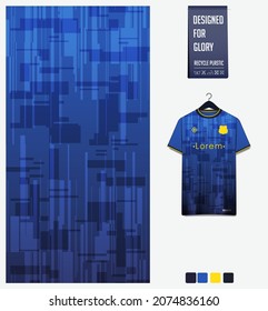 Soccer jersey pattern design. Geometric pattern on blue background for soccer kit, football kit, bicycle, e-sport, basketball, t-shirt mockup template. Fabric pattern. Abstract background. Vector.