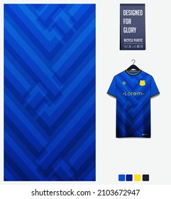 Soccer jersey pattern design. Geometric pattern on blue background for soccer kit, football kit, bicycle, e-sport, basketball, t-shirt mockup template. Fabric pattern. Abstract background. Vector.