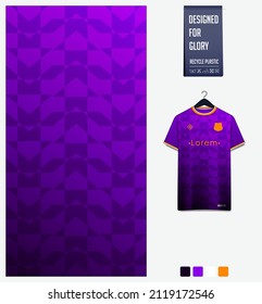 Soccer jersey pattern design. Geometric pattern on violet background for soccer kit, football kit, bicycle, e-sport, basketball, t-shirt mockup template. Fabric pattern. Abstract background. Vector.