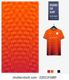 Soccer jersey pattern design. Geometric pattern on orange background for soccer kit, football kit, bicycle, e-sport, basketball, t shirt mockup template. Fabric pattern. Abstract background. Vector.