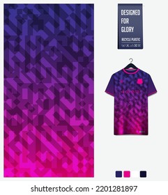 Diseño de patrones de jersey de fútbol. Patrón geométrico sobre fondo violeta para el equipo de fútbol, equipo de fútbol, bicicleta, e-sport, baloncesto, plantilla de simulación de camisetas. Patrón de tejido. Antecedentes abstractos. Vector.