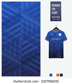 Soccer Jersey Pattern Design. Geometric Pattern On Blue Background For Soccer Kit, Football Kit, Bicycle, E-sport, Basketball, T Shirt Mockup Template. Fabric Pattern. Abstract Background. Vector.