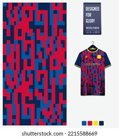 Soccer jersey pattern design. Geometric pattern on blue background for soccer kit, football kit, bicycle, basketball, t shirt mockup template. Fabric pattern. Abstract background. Vector Illustration