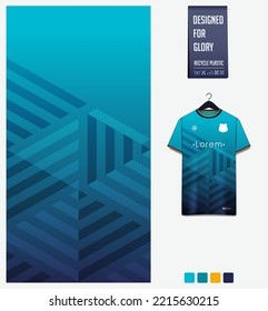 Soccer jersey pattern design. Geometric pattern on blue background for soccer kit, football kit, bicycle, e-sport, basketball, t shirt mockup template. Fabric pattern. Abstract background. Vector.