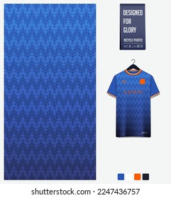 Soccer jersey pattern design. Geometric pattern on blue background for soccer kit, football kit, bicycle, e-sport, basketball, t shirt mockup template. Fabric pattern. Abstract background. Vector.