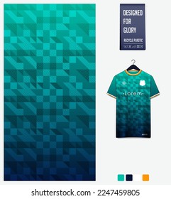 Soccer jersey pattern design. Geometric pattern on green background for soccer kit, football kit, bicycle, e-sport, basketball, t shirt mockup template. Fabric pattern. Abstract background. Vector.