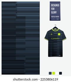 Soccer jersey pattern design. Geometric pattern on black background for soccer kit, football kit, e-sport, basketball, t shirt mockup template. Fabric pattern. Abstract background. Vector Illustration