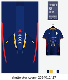 Soccer jersey pattern design. Geometric pattern on blue background for soccer kit, football kit, cycling, e-sport, basketball, t shirt mockup template. Fabric pattern. Abstract background. Vector.
