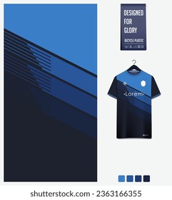 Soccer jersey pattern design. Geometric pattern on blue background for soccer kit, football kit, cycling, e-sport, basketball, t shirt mockup template. Fabric pattern. Abstract background. Vector.