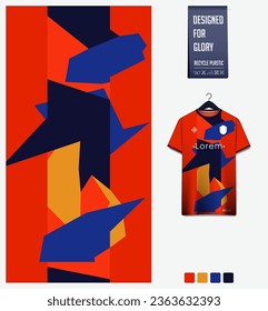 Soccer jersey pattern design. Geometric pattern on orange background for soccer kit, football kit, cycling, e-sport, basketball, t shirt mockup template. Fabric pattern. Abstract background. Vector.