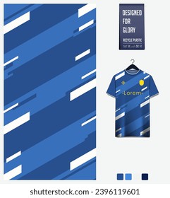 Soccer jersey pattern design. Geometric pattern on blue background for soccer kit, football kit, cycling, e-sport, basketball, t shirt mockup template. Fabric pattern. Abstract background. Vector.