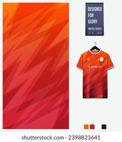 Fußball Jersey Muster Design. Geometrisches Muster auf orangefarbenem Hintergrund für Fußball-Kit, Fußballkit, Radfahren, E-Sport, Basketball, T-Shirt-Mockup-Vorlage. Stoffmuster. Abstrakter Hintergrund. Vektorgrafik.