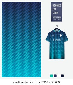 Soccer jersey pattern design. Herringbone pattern on blue background for soccer kit, football kit, cycling, e-sport, basketball, t shirt mockup template. Fabric pattern. Abstract background. Vector.