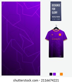 Soccer jersey pattern design. Mosaic pattern on violet background for soccer kit, football kit, bicycle, e-sport, basketball, t-shirt mockup template. Fabric pattern. Abstract background. Vector.
