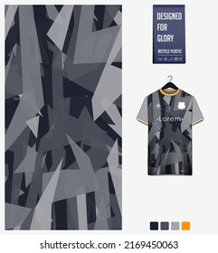 Soccer jersey pattern design. Mosaic pattern on gray background for soccer kit, football kit, bicycle, basketball, tshirt mockup template. Geometric fabric pattern. Abstract background. Vector.