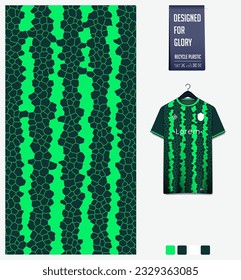 Soccer jersey pattern design. Mosaic pattern on green background for soccer kit, football kit, cycling, e-sport, basketball, t shirt mockup template. Fabric pattern. Abstract background. Vector.