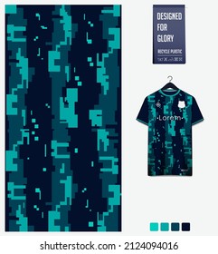 Soccer jersey pattern design. Pixel pattern on green background for soccer kit, football kit, bicycle, basketball, t-shirt mockup template. Fabric pattern. Abstract background. Vector Illustration.