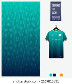 Soccer Jersey Pattern Design. Plaid Pattern On Gradient Green Background For Soccer Kit, Football Kit, Bicycle, Basketball, Tshirt Mockup Template. Geometric Pattern. Abstract Background. Vector.