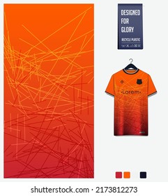 Soccer jersey pattern design. Random straight line pattern on orange background for soccer kit, football kit, e-sport, basketball, t shirt mockup template. Fabric pattern. Abstract background. Vector.