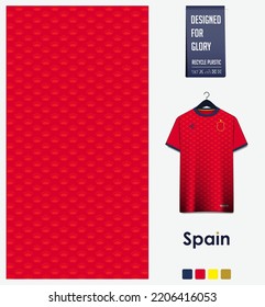 Soccer jersey pattern design. Spain flag pattern on red background for soccer kit, football kit, bicycle, e-sport, basketball, t shirt mockup template. Fabric pattern. Abstract background. Vector.