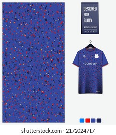 Soccer Jersey Pattern Design. Speckled Dot Pattern On Navy Blue Background For Soccer Kit, Football Kit, E-sport, Basketball, T Shirt Mockup Template. Fabric Pattern. Abstract Background. Vector.