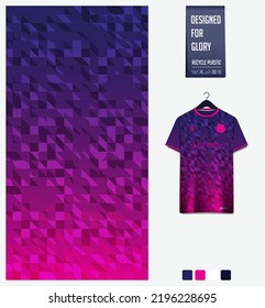 Soccer jersey pattern design. Square pattern on violet background for soccer kit, football kit, bicycle, e-sport, basketball, t shirt mockup template. Fabric pattern. Abstract background. Vector.