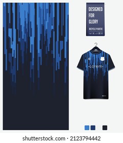 Fußball Jersey Muster Design. Streifen Muster auf blauem Hintergrund für Fußballkit, Fußballkit, Fahrrad, Basketball, T-Shirt-Mockup-Vorlage. Stoffmuster. Abstrakter Hintergrund. Vektorgrafik.