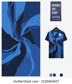 Soccer jersey pattern design. Swirl pattern on blue background for soccer kit, football kit, bicycle, e-sport, basketball, t-shirt mockup template. Fabric pattern. Abstract background. Vector.