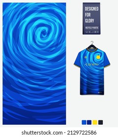 Diseño de patrones de jersey de fútbol. Patrón giratorio sobre fondo azul para el equipo de fútbol, equipo de fútbol, bicicleta, e-sport, baloncesto, plantilla de maqueta de camisetas. Patrón de tejido. Antecedentes abstractos. Vector.