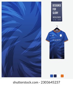 Soccer jersey pattern design. Swirl pattern on blue background for soccer kit, football kit, e-sport, basketball, t shirt mockup template. Fabric pattern. Abstract background. Vector Illustration.