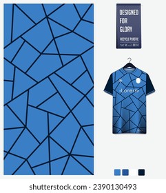 Fußball Jersey Muster Design. Voronoi-Muster auf blauem Hintergrund für Fußball-Kit, Fußballkit, Radfahren, E-Sport, Basketball, T-Shirt-Mockup-Vorlage. Stoffmuster. Abstrakter Hintergrund. Vektorgrafik.