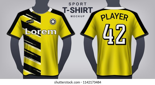 Soccer Jersey and Sport T-Shirt Mockup Template, Realistic Graphic Design Front and Back View for Football Kit Uniforms, Easy Possibility to Apply Your Artwork, Text, Image, Logo (Eps10 Vector)