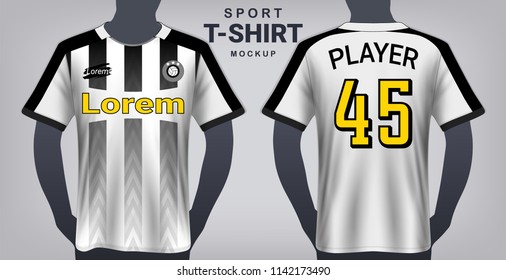 Soccer Jersey and Sport T-Shirt Mockup Template, Realistic Graphic Design Front and Back View for Football Kit Uniforms, Easy Possibility to Apply Your Artwork, Text, Image, Logo (Eps10 Vector)