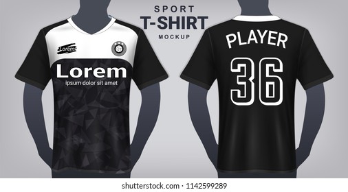 Soccer Jersey and Sport T-Shirt Mockup Template, Realistic Graphic Design Front and Back View for Football Kit Uniforms, Easy Possibility to Apply Your Artwork, Text, Image, Logo (Eps10 Vector)