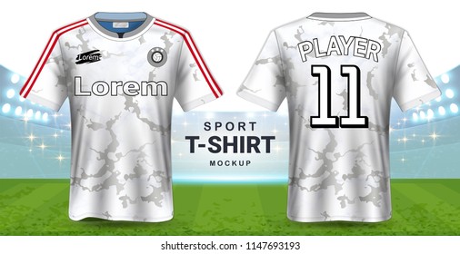 Soccer Jersey and Sportswear T-Shirt Mockup Template, Realistic Graphic Design Front and Back View for Football Kit Uniforms, Easy Possibility to Apply Your Artwork, Text, Image, Logo  (Eps10 Vector)