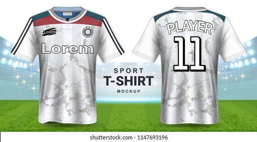 Soccer Jersey and Sportswear T-Shirt Mockup Template, Realistic Graphic Design Front and Back View for Football Kit Uniforms, Easy Possibility to Apply Your Artwork, Text, Image, Logo  (Eps10 Vector)