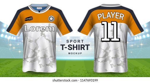 Soccer Jersey and Sportswear T-Shirt Mockup Template, Realistic Graphic Design Front and Back View for Football Kit Uniforms, Easy Possibility to Apply Your Artwork, Text, Image, Logo  (Eps10 Vector)