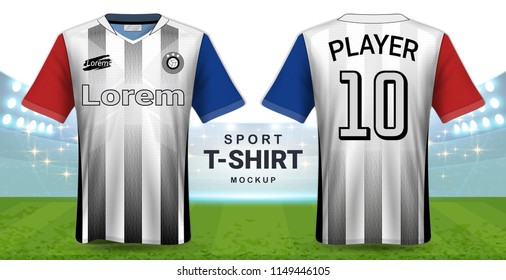 Soccer Jersey and Sportswear T-Shirt Mockup Template, Realistic Graphic Design Front and Back View for Football Kit Uniforms, Easy Possibility to Apply Your Artwork, Text, Image, Logo (Eps10 Vector)