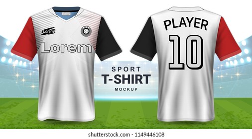 Soccer Jersey and Sportswear T-Shirt Mockup Template, Realistic Graphic Design Front and Back View for Football Kit Uniforms, Easy Possibility to Apply Your Artwork, Text, Image, Logo (Eps10 Vector)