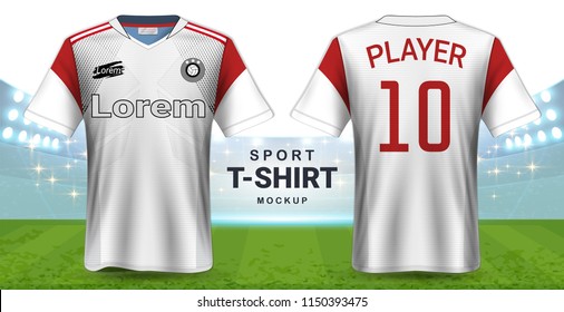 Soccer Jersey and Sportswear T-Shirt Mockup Template, Realistic Graphic Design Front and Back View for Football Kit Uniforms, Easy Possibility to Apply Your Artwork, Text, Image, Logo  (Eps10 Vector)